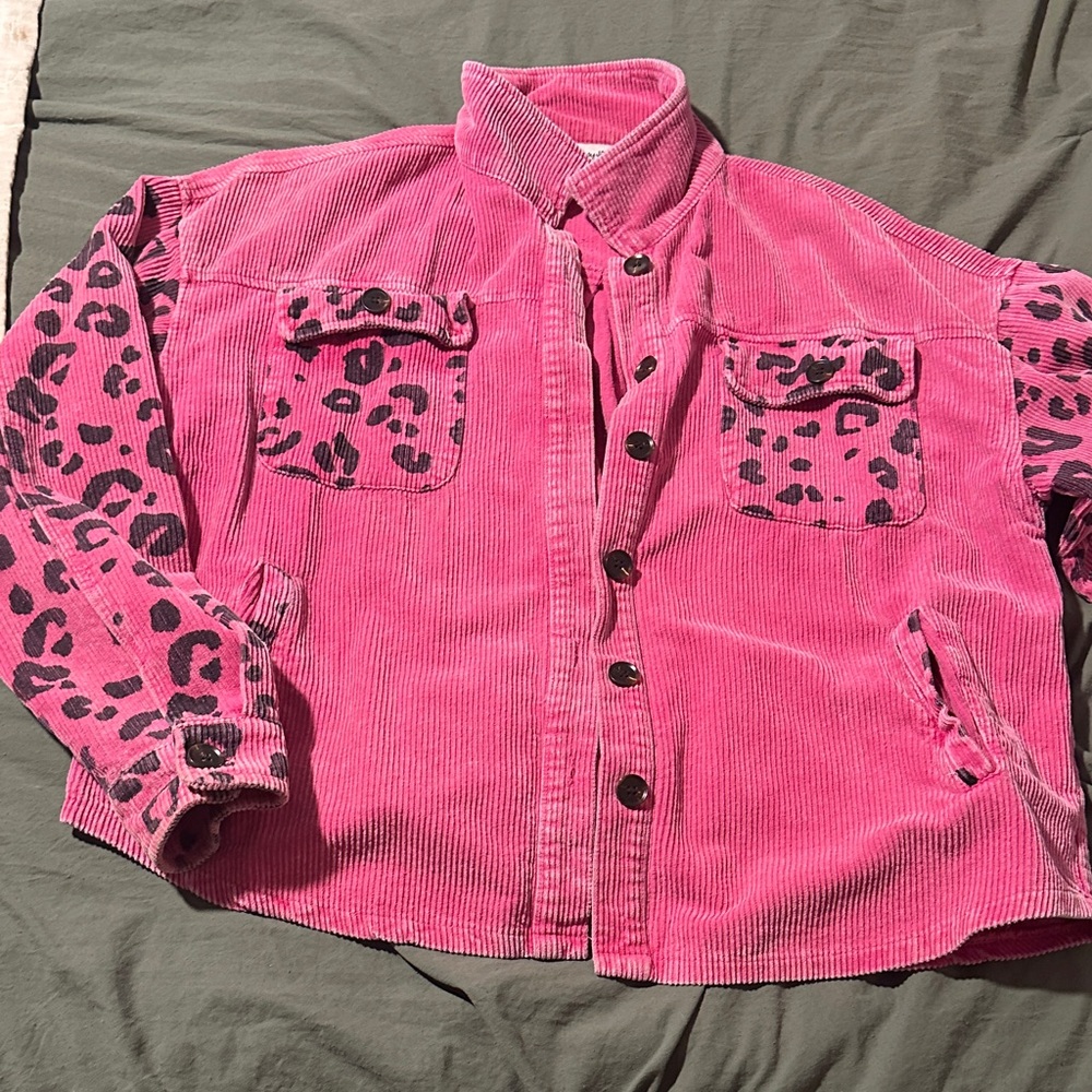 Pink Corduroy Jacket with Leopard Print